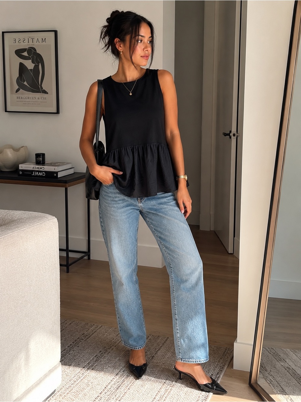 LOFT XXS Petite Black Mixed Media Peplum Tank Blouse Sleeveless Top